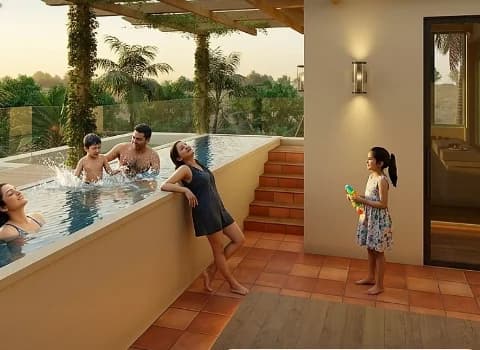 Architectural render of a Cerulean sky-pool villa terrace in Revdanda, Alibag